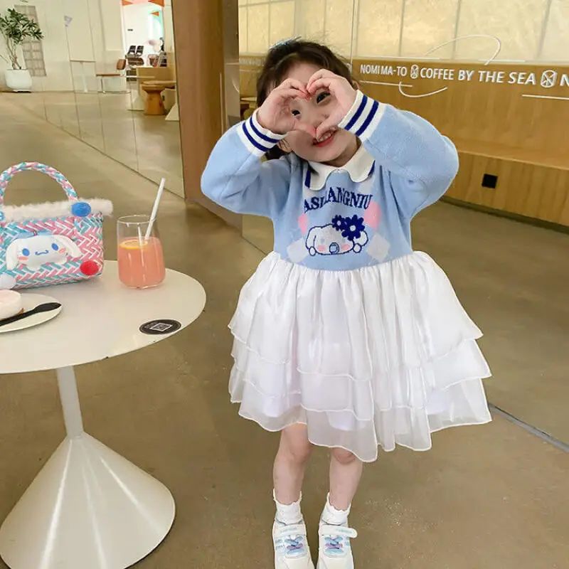 Sanrios Cinnamoroll платье для девочек весна осень новый стиль милый стиль принцессы детский модный свитер сетчатая юбка с лацканами праздничный подарок