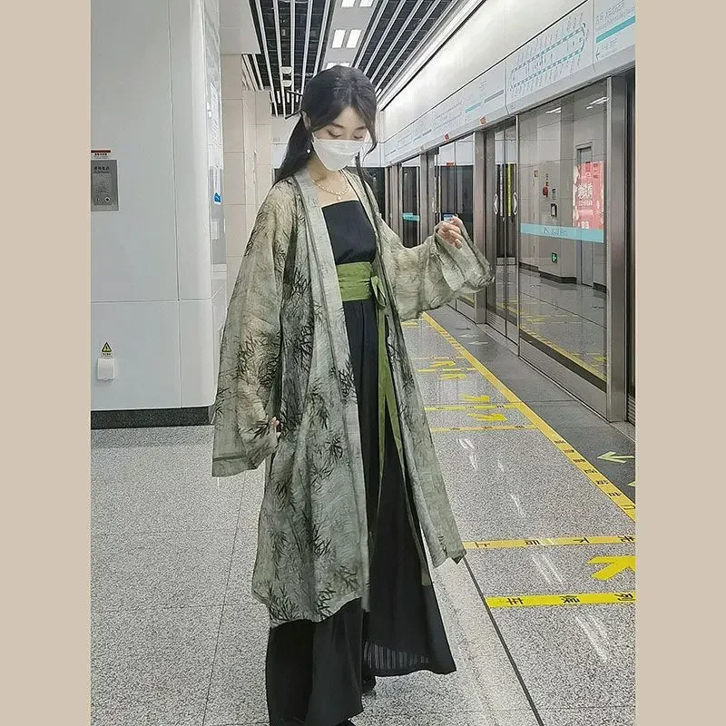 Фото Новый китайский стиль Hanfu, женский свободный костюм династии ханьфу из 2 частей, кимоно, Винтажный Зеленый костюм ханьфу №3