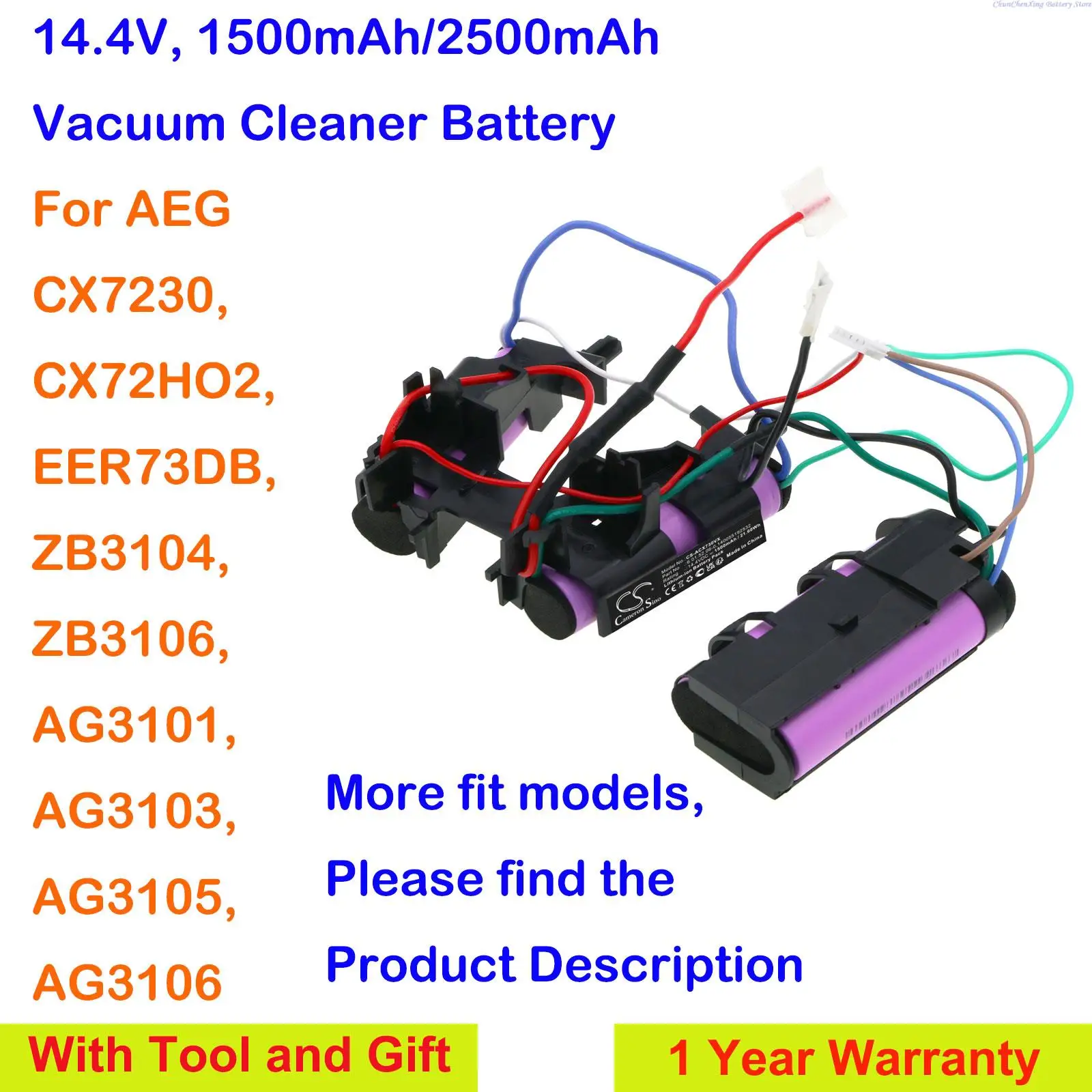 Аккумулятор для пылесоса CS 1500 мА · ч/2500 мА · ч для AEG CX7-2-30DB,CX7-2-30BP, 900273788,900273789,900273795,EER73BP,EER73IGM,EER73HO2
