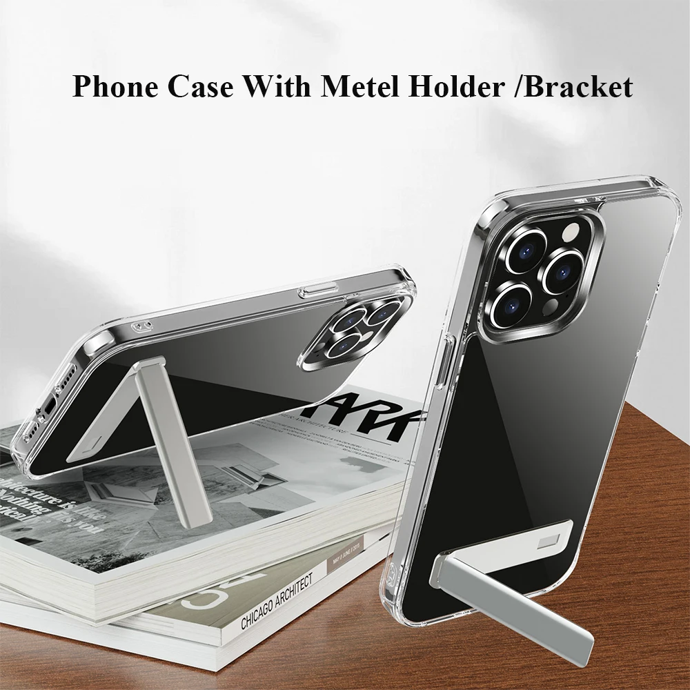 Прозрачный чехол для телефона с металлической подставкой для iPhone 15 14 Pro Max 13 12 11 Mini Plus