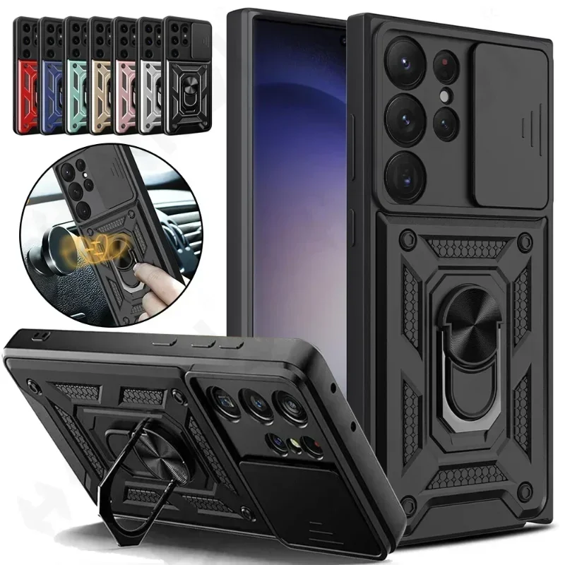 Магнитный чехол Armor Rotate для Samsung Galaxy S25 24 23 22 Ultra S21 S20 Plus A25 A54 с кольцевой подставкой и объективом камеры с защитой от царапин