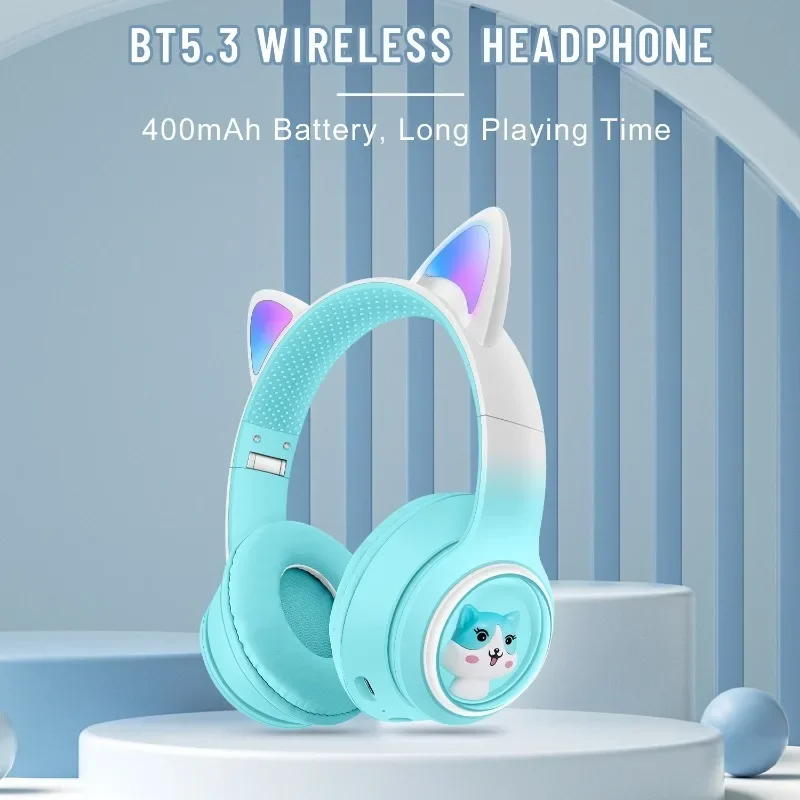 Для нового AKZ-02, беспроводные Bluetooth-наушники с милыми кошачьими ушками, градиентные цвета, HD-микрофон, RGB-подсветка, поддержка TF-карты, детская гарнитура