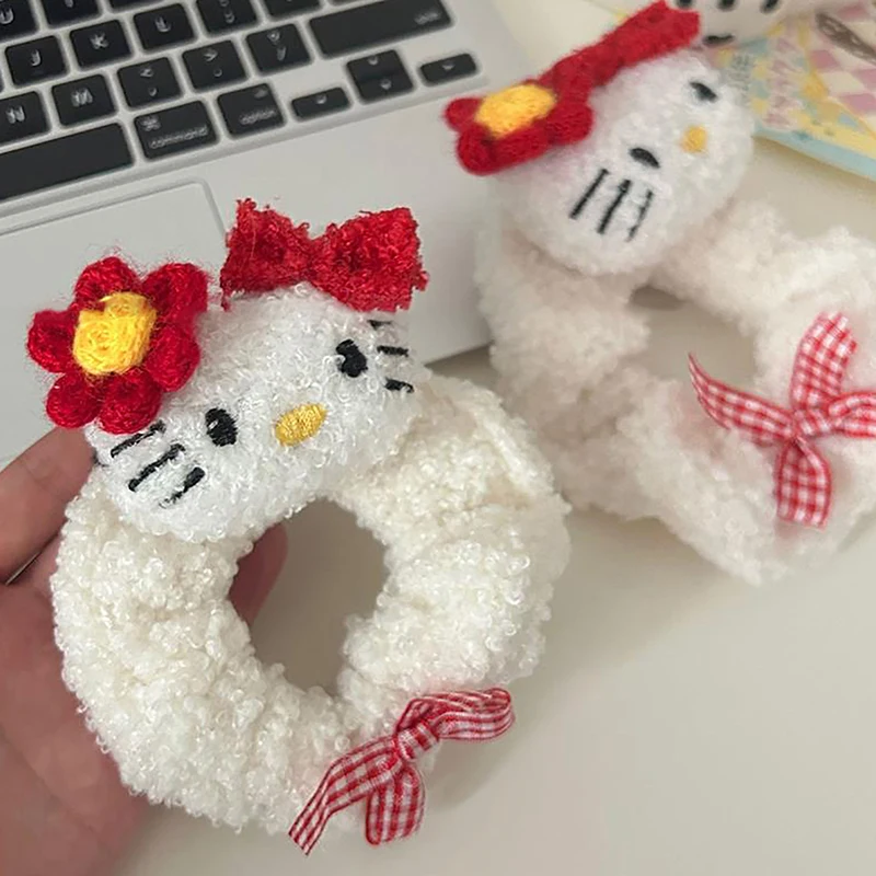 Фото Милый мультяшный плюшевый бант Hello Kitty кольцо для волос женская резинка для волос KT Cat пушистая веревка для волос женский аксессуар для волос подарок другу №5