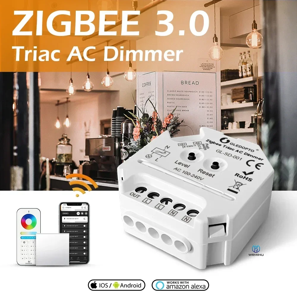 GLEDOPTO Zigbee Mini Smart Light Dimmer 220 В AC Triac Dimmer Модуль кнопочного переключателя с регулируемой яркостью, совместимый с радиочастотным пультом дистанционного управления 2,4G