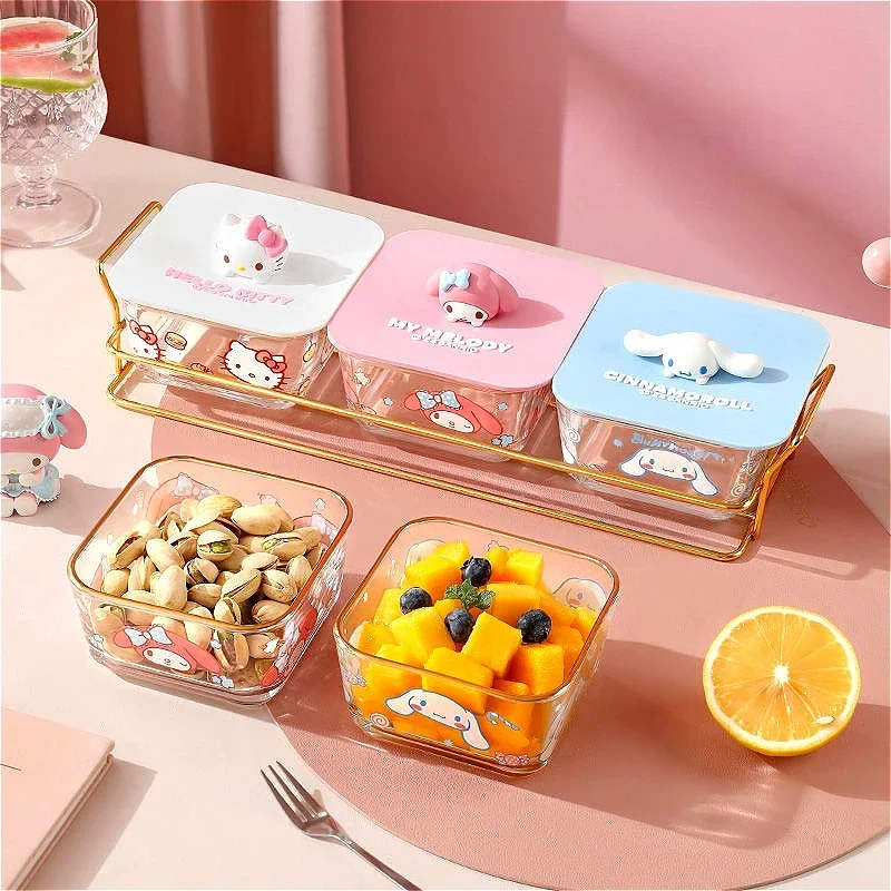 Sanrio Hello Kitty стеклянная миска для фруктов бытовая коробка для хранения закусок Kawaii аниме персонаж Cinnamoroll крышка аксессуаров тарелка Dim Sum