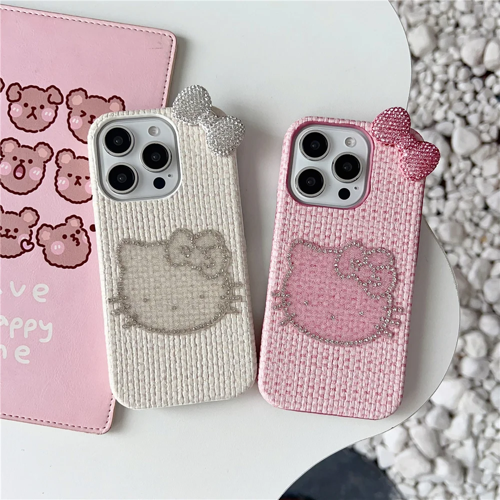 Фото Зимние модные тканые чехлы для телефонов «Hello Kitty» с бантиком и бриллиантами для iPhone 17, 16E, 15, 14, 13, 12, 11 Pro X XR, XSMax, чехол №2