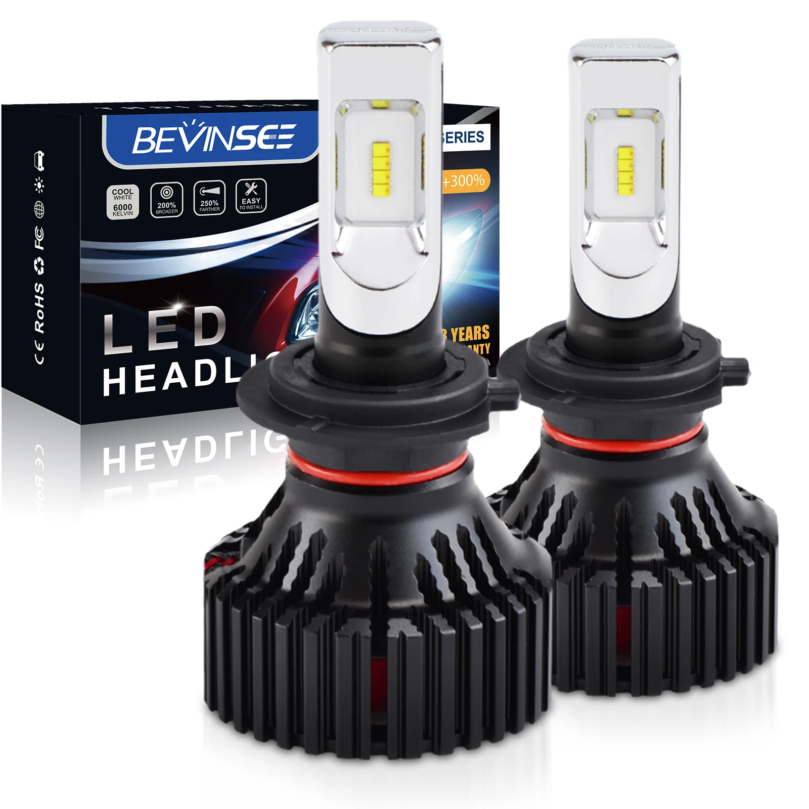Светодиодные лампы для передних фар Bevinsee H7, лампы для передних фар H11, H8, H9, 9007, HB5, 9006, HB4, 9005, HB3, H10, дневные противотуманные фары, 60 Вт, 6000K, белые Автомобильные фары 12 В