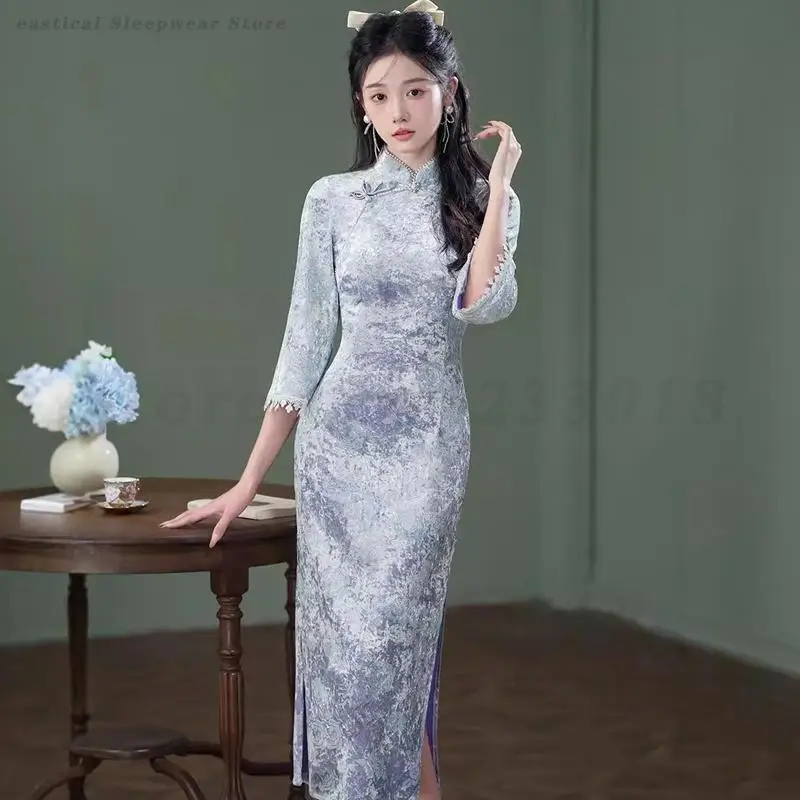 Cheongsam с длинным рукавом, элегантное платье в китайском стиле, женское теплое велюровое платье Ципао с цветочным принтом, винтажные улучшенные платья, длинные платья Этническая одежда