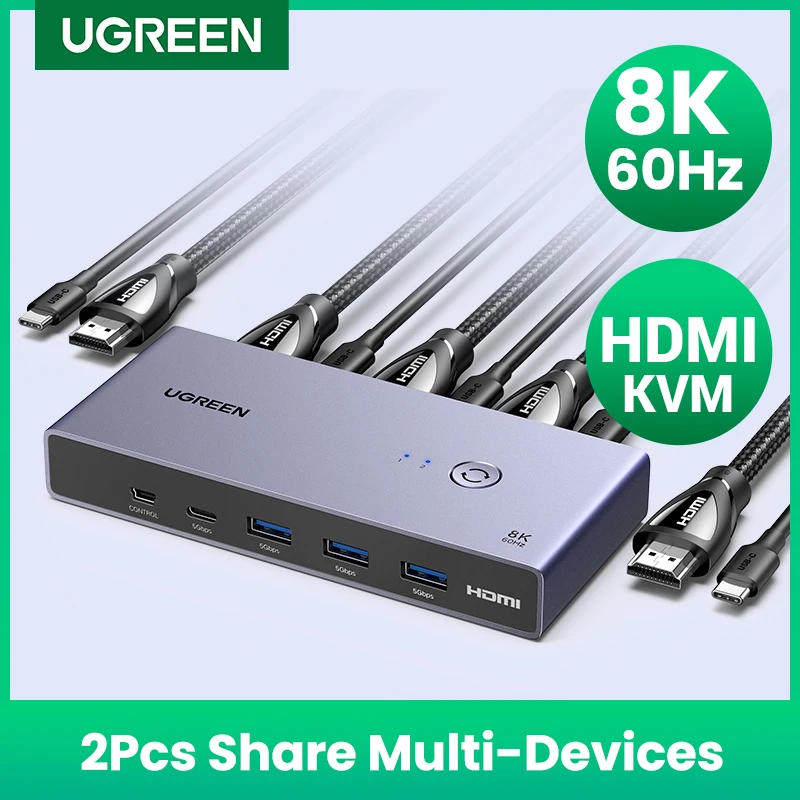 UGREEN 8K 60 Гц HDMI KVM переключатель USB C USB3.0 KVM переключатель 2 шт. совместное использование 1 монитор, принтер, клавиатура, мышь Поддержка 3D ,HDR видение