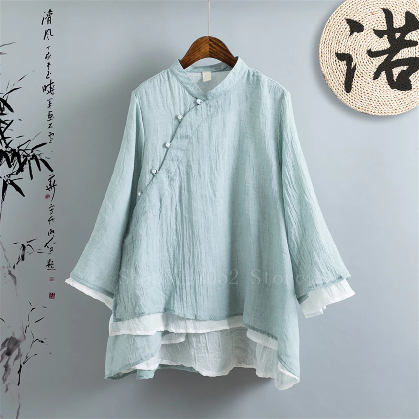 Atasan Tradisional Gaya Cina Retro untuk Perempuan Lapisan льняная дзен танка для сетей Hanfu Kemeja Sifon