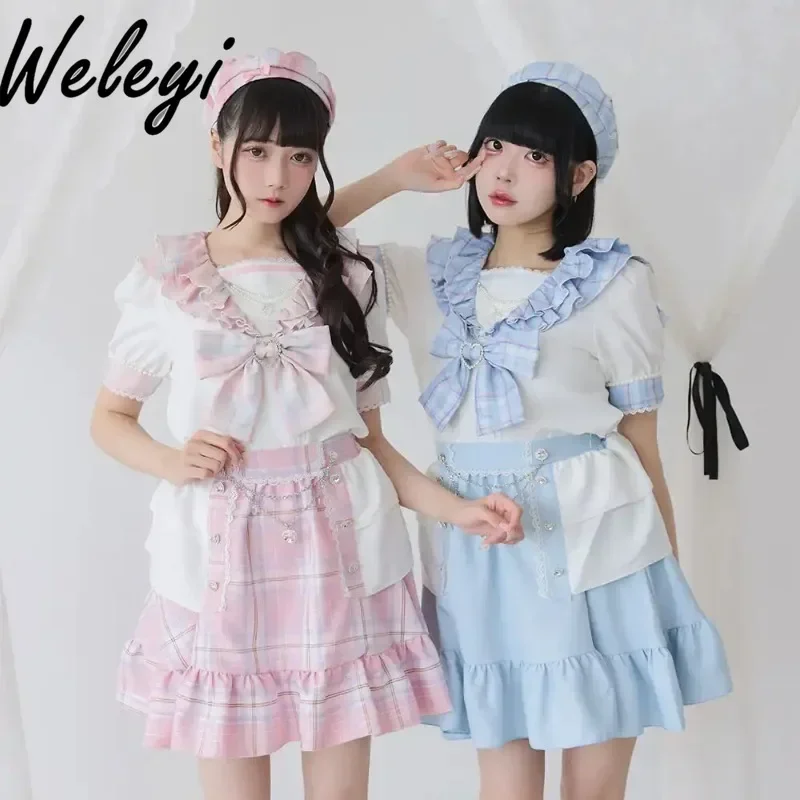 Супер милая блузка Kawaii для женщин с рюшами по краям, большой бант, жемчуг и стразы Koszule I Bluzki, матросский воротник, топы Poleras с короткими рукавами