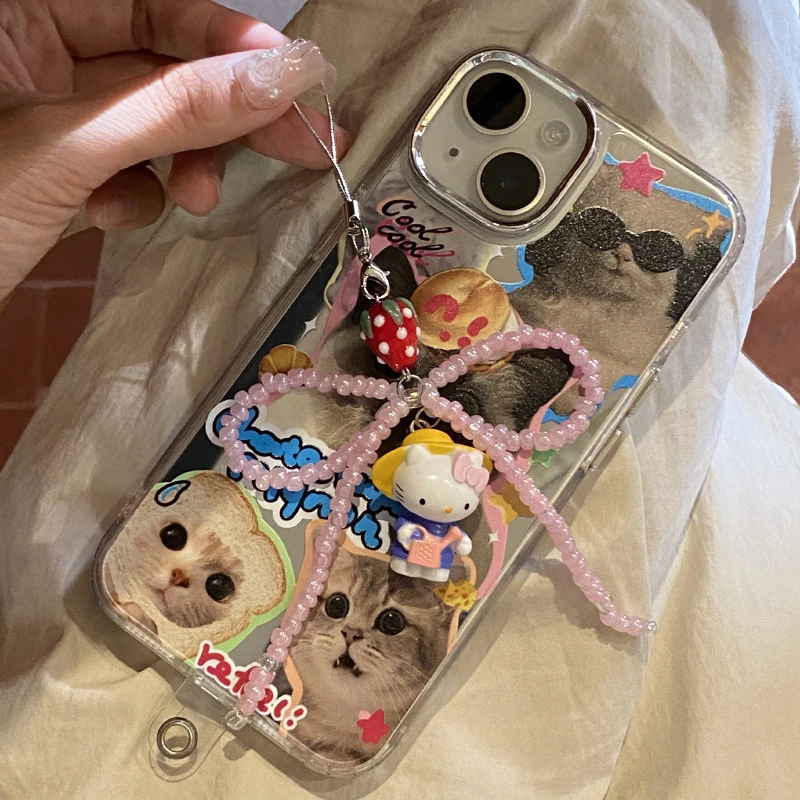 Фото Милый Бант KT Cat телефонная цепочка Милая Hello Kitty Клубника телефонный ремешок брелок Y2K для девушек №3