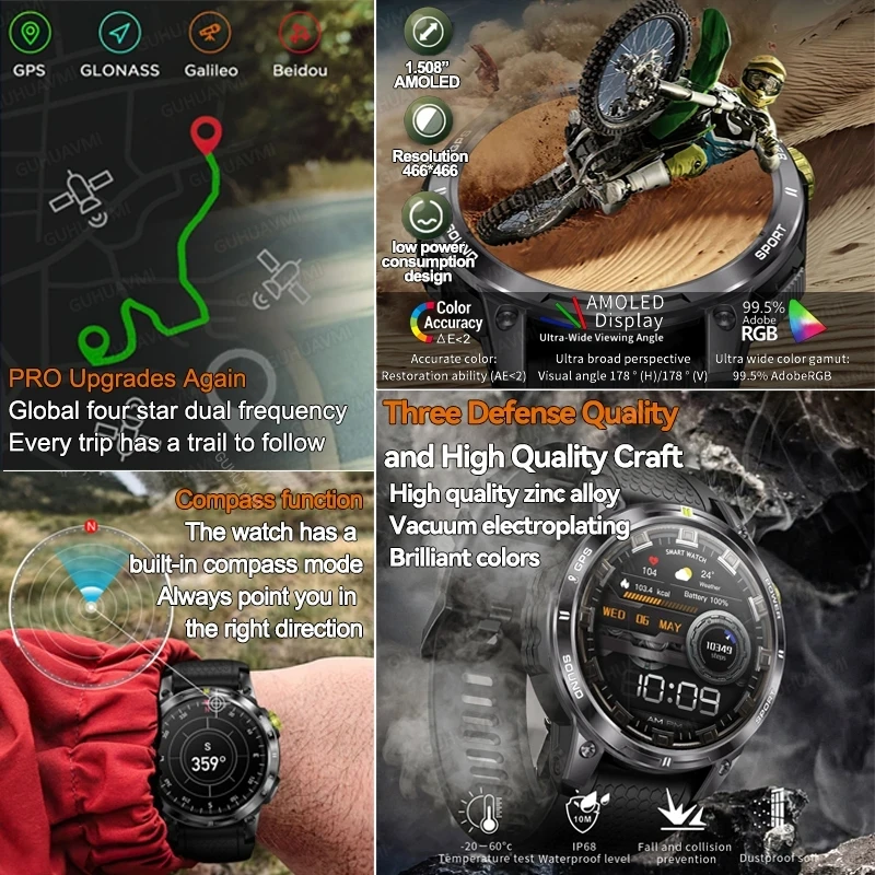 Фото Новинка 2024, Прочные Военные Смарт-часы с GPS для мужчин, 1,5 дюйма, AMOLED, HD экран, компас, пульсометр, AI, голосовые, Bluetooth, звонки, уличные Смарт-часы №2