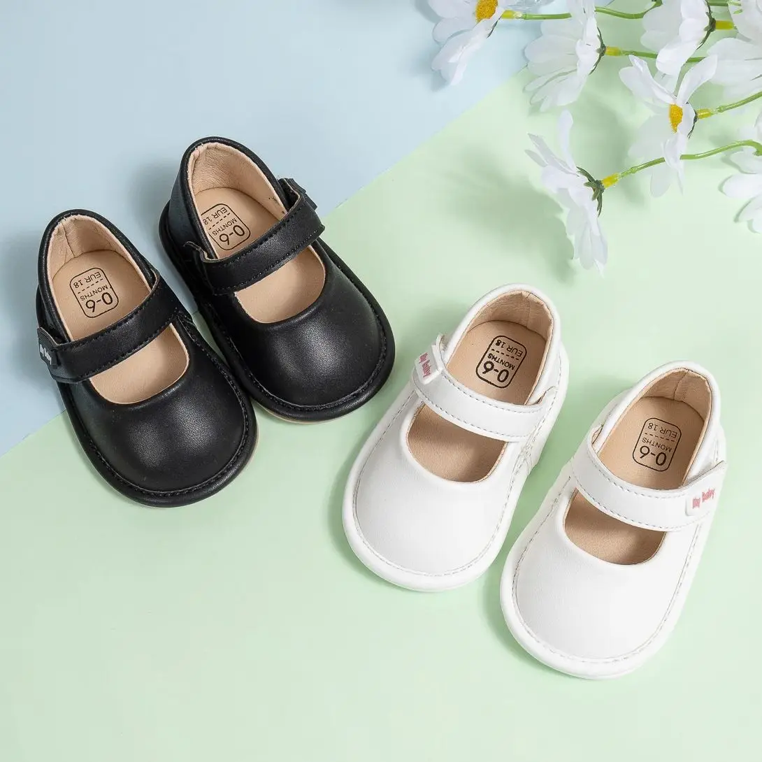 Фото KIDSUN Противоскользящие Кожаные Первые Ходунки Для Девочек, Черная Нескользящая Детская Обувь Для Ползания №5