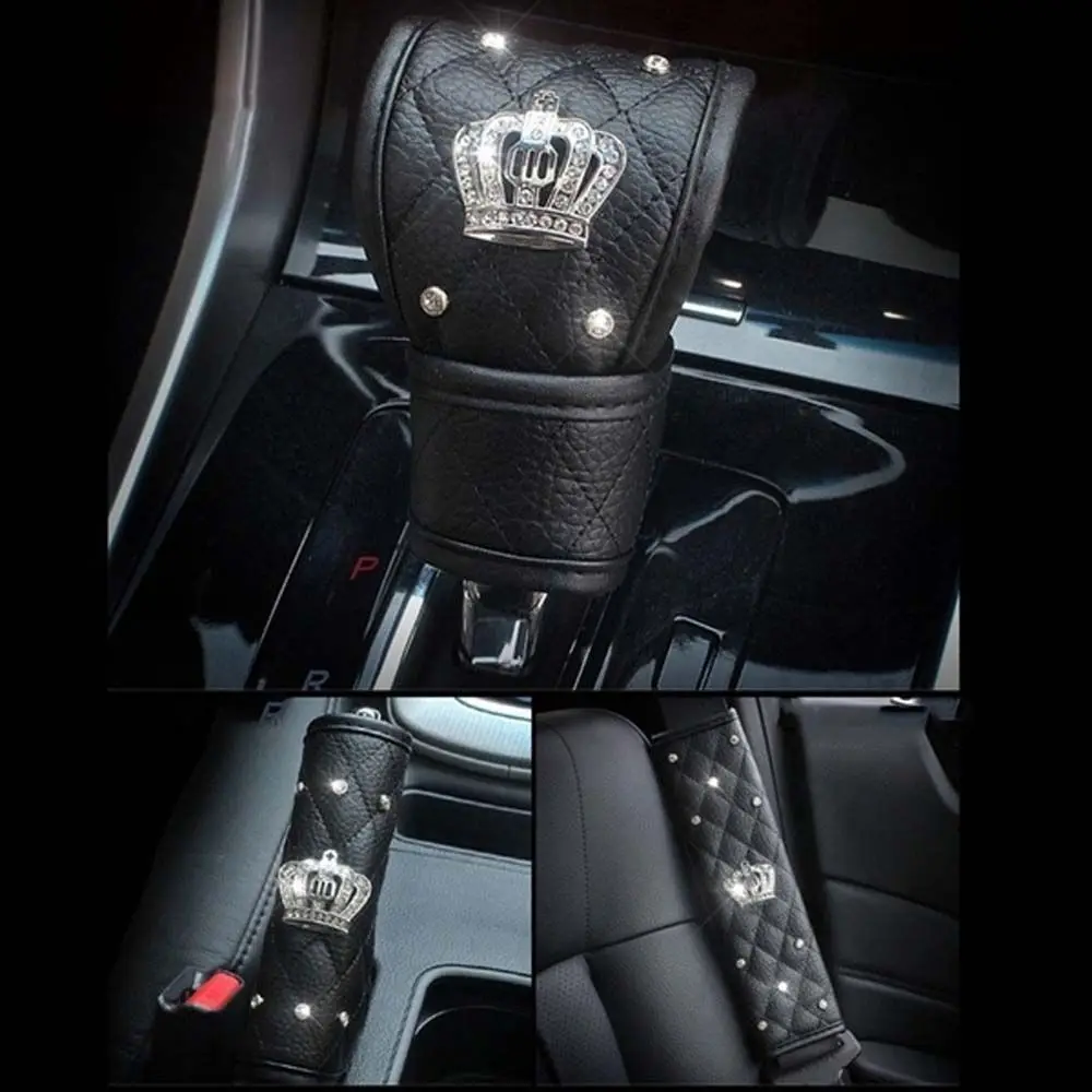 Фото Универсальные кожаные автомобильные аксессуары, крышка ручного тормоза с короной и бриллиантами, декор интерьера автомобиля, чехол для ремня безопасности автомобиля, чехол для ручки переключения передач №4