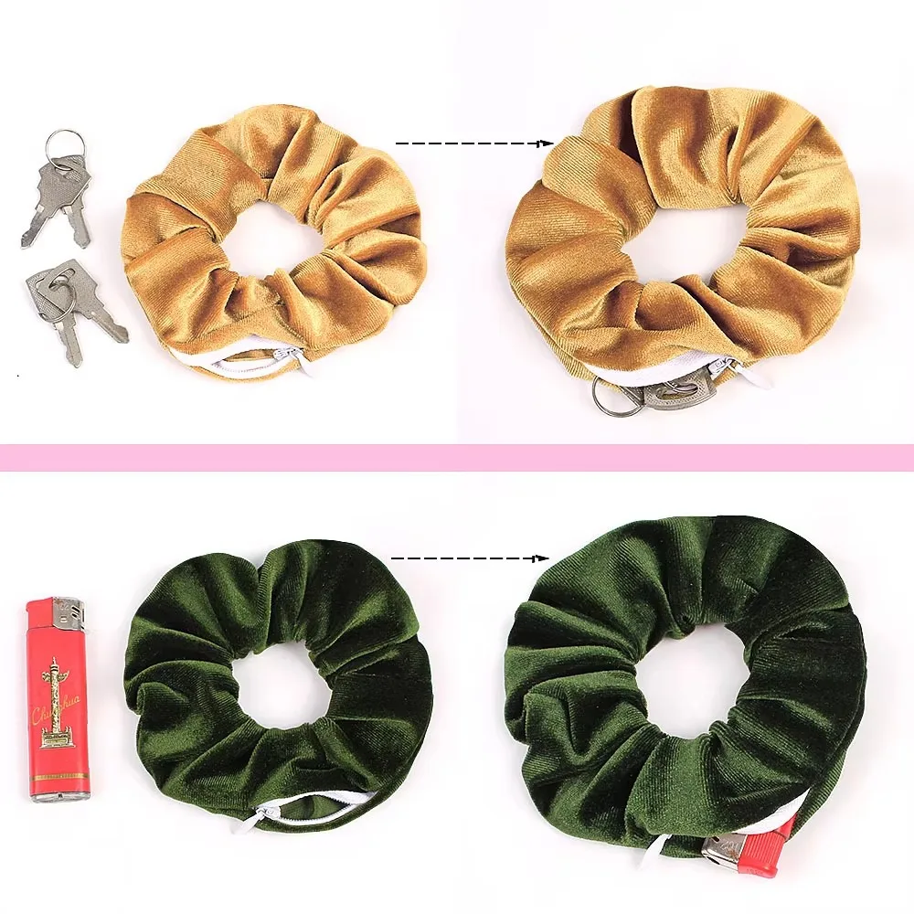 Фото Portable  Safe Sight Secret Hair Tie Storage Case Hair Scrunchie With Zipper Hide Key Cash jewelry For Travel Outdoor №5