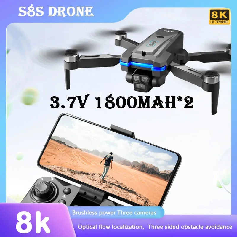 Фото Профессиональный Дрон 8k S8S Rc бесщеточный с тремя Esc камерами оптический поток 360 ° обход препятствий Безголовый режим складной Квадрокоптер №1