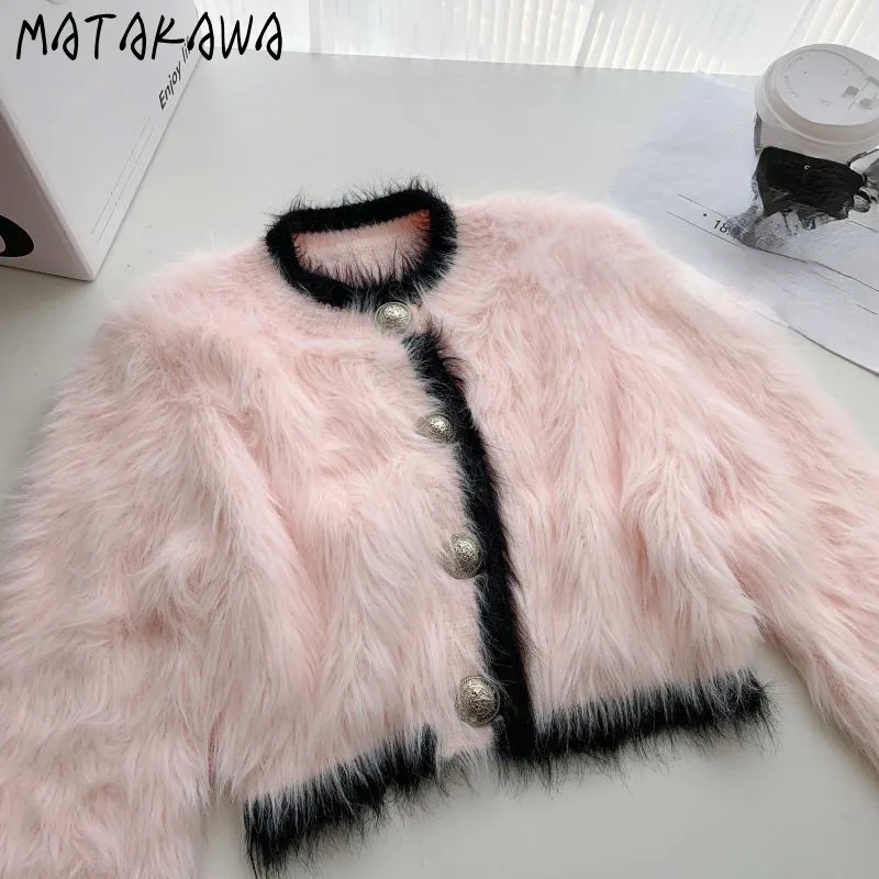 Matakawa розовые короткие кардиганы осень-зима корейская мода норковые кашемировые женские свитера мягкие милые теплые ретро трикотажные изделия