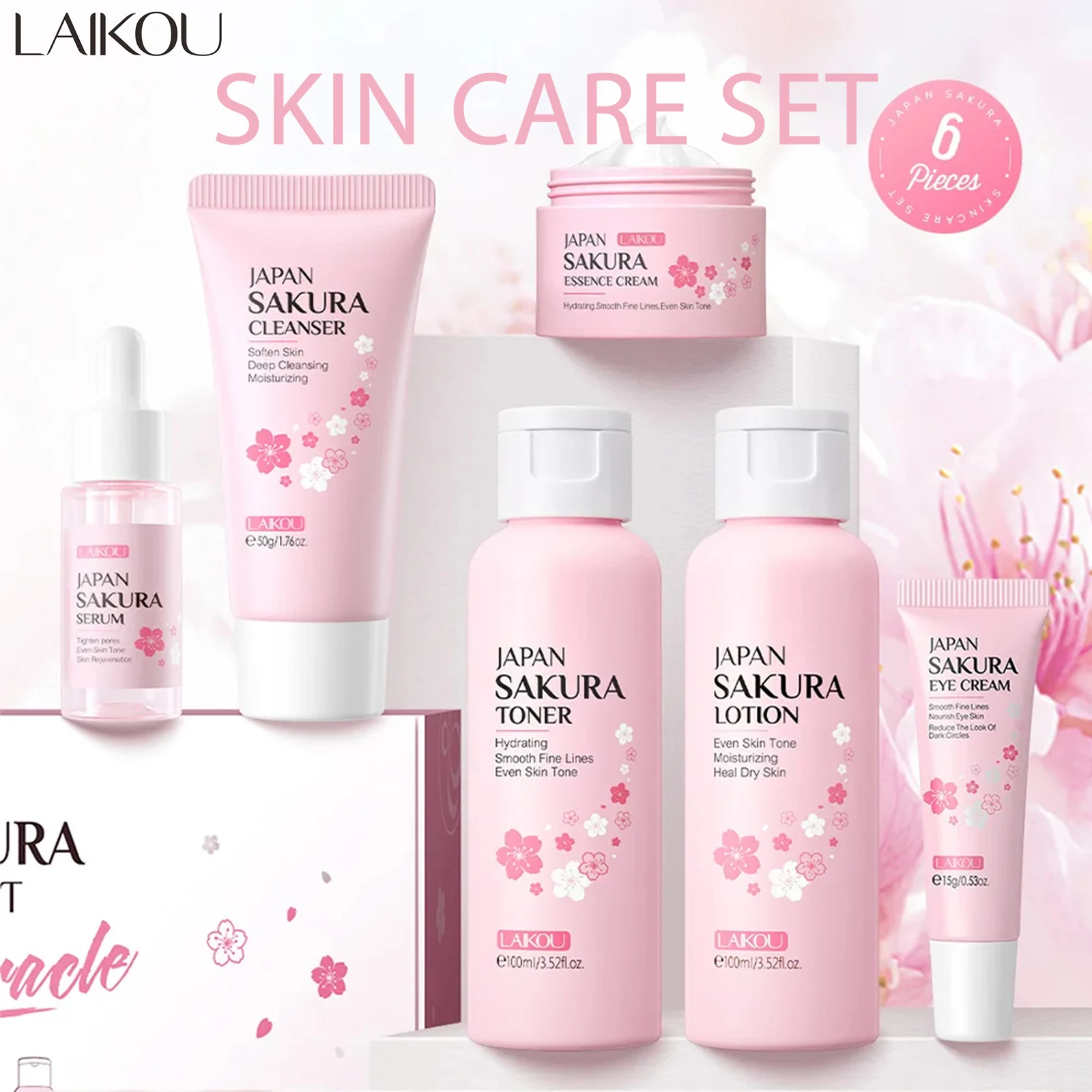 LAIKOU Japan Sakura Набор из 6 предметов Набор для ухода за кожей Контроль жирности Очищающее средство для лица Питательная сыворотка Тонер Лосьон Кремы для лица Крем для глаз Уход за кожей