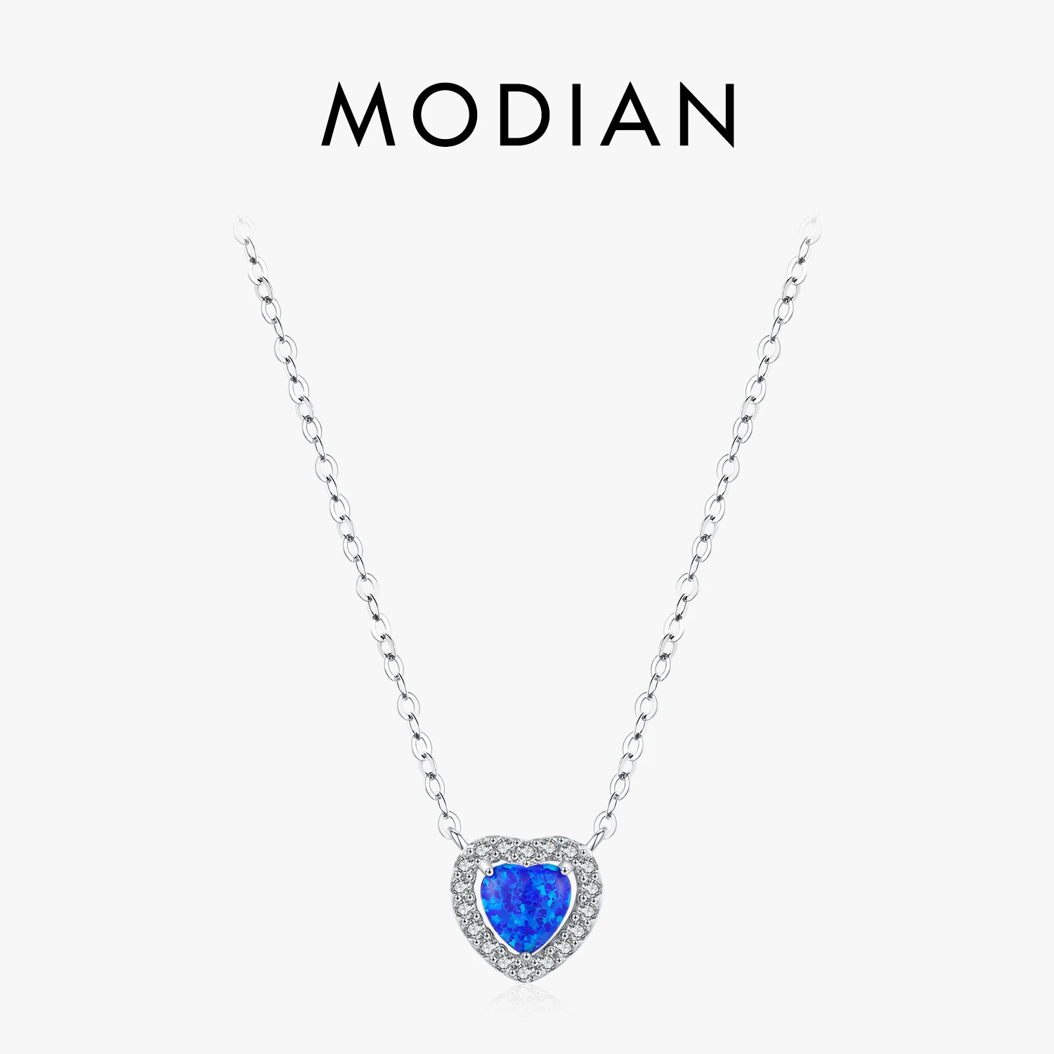 MODIAN Real 925 Стерлинговое серебро Изысканное Голубое Опаловое Сердце Кулон Ожерелье Для Женщин Прекрасные Ювелирные Изделия Романтические Юбилейные Подарки