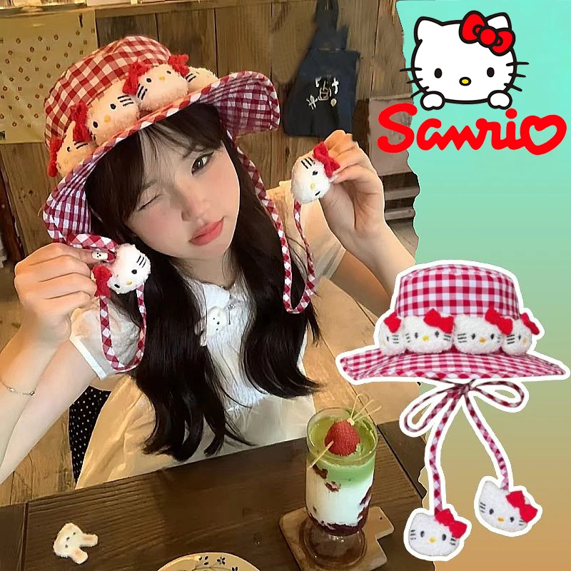 Sanrio Hello Kitty, милая рыбацкая шляпа, летняя уличная дорожная солнцезащитная кепка с защитой от ультрафиолета, кавайная сетчатая шляпа Hellokitty, подарки для девочек