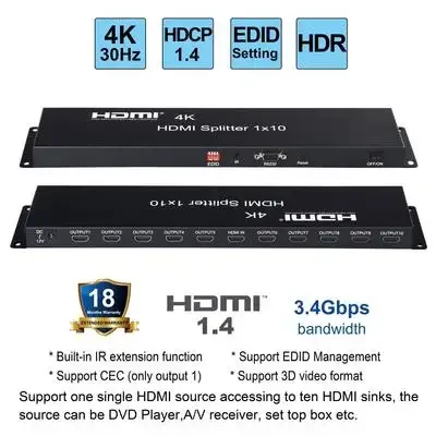Фото Разветвитель HDMI 4K, 30 Гц, 1 в 10, видеораспределитель HDMI, многоэкранный разветвитель видео 1x10, усилитель для портативного ПК к ТВ-монитора №4