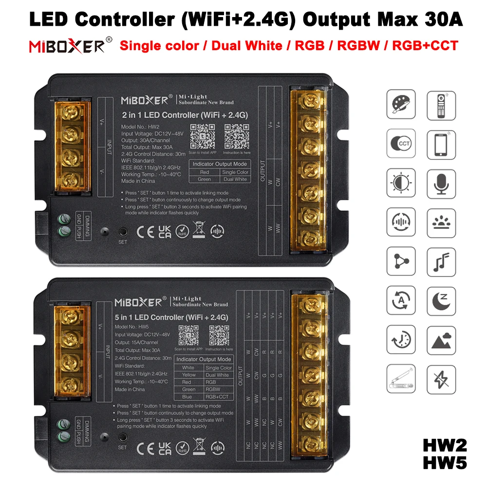 Контроллер Miboxer RGB с Wi-Fi и большой ток RF 2,4 ГГц, макс. 30 А для одноцветных/двухбелых/RGB/RGBW/RGB+CCT светодиодных лент