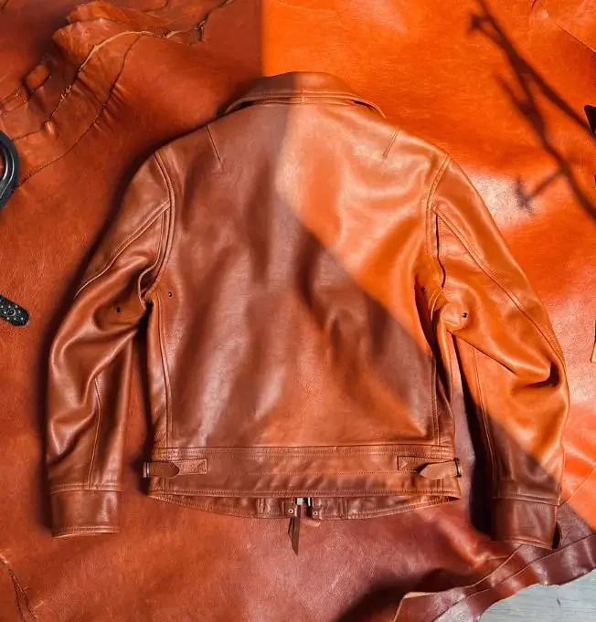 Фото LNY Shop Top.Classic Rider Cidu роскошное пальто из натуральной кожи. Винтажная оранжевая кожаная куртка 1930. Роскошная итальянская дубленая воловья ткань №3