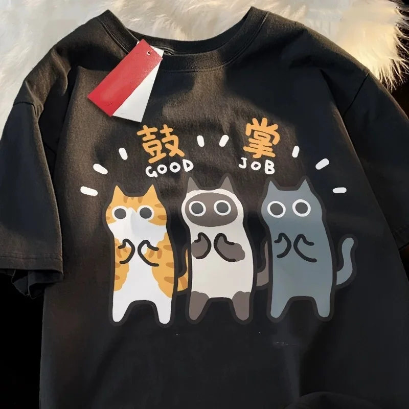 Фото Мужская футболка ZAZOMDE Kawaii Cat Trio свободного покроя из 100% органического хлопка, летняя повседневная уличная одежда для путешествий, большой размер №2