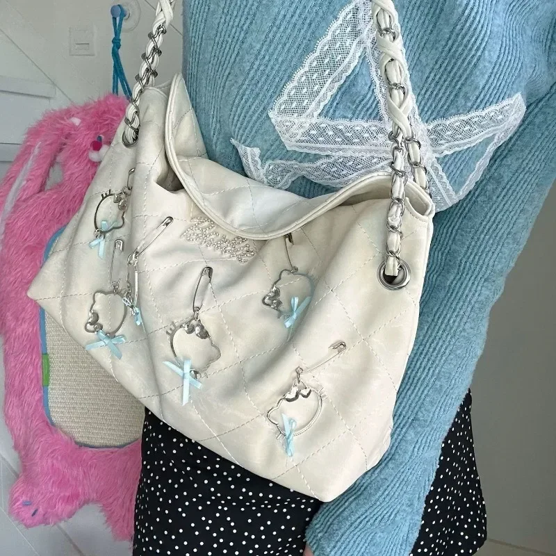 Xiuya Hello Kitty сумка на плечо для женщин, белая винтажная модная сумка-тоут Y2k, эстетичная искусственная кожа, большая вместительная оригинальная сумка