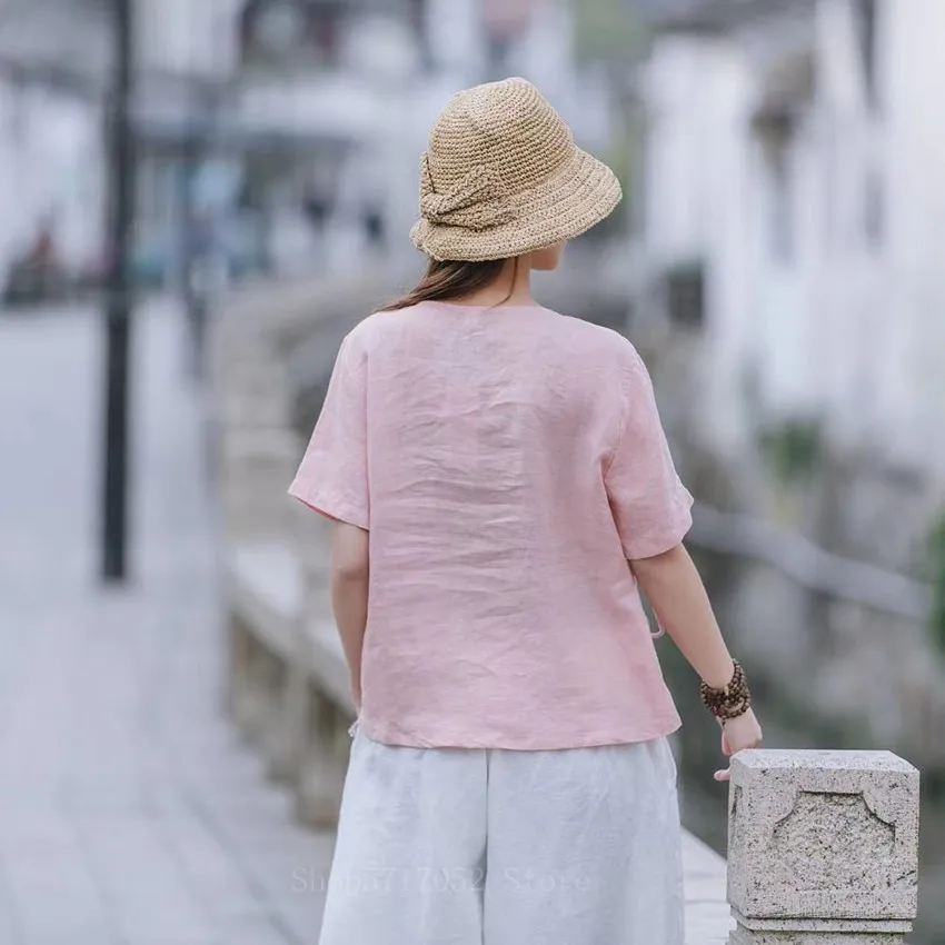 Фото Atasan The Kasual Lengan Pendek Bertali Gaya Cina Blus Hanfu Antik Kemeja Cheongsam Wanita льняной Katun Musim Panas Retro №3