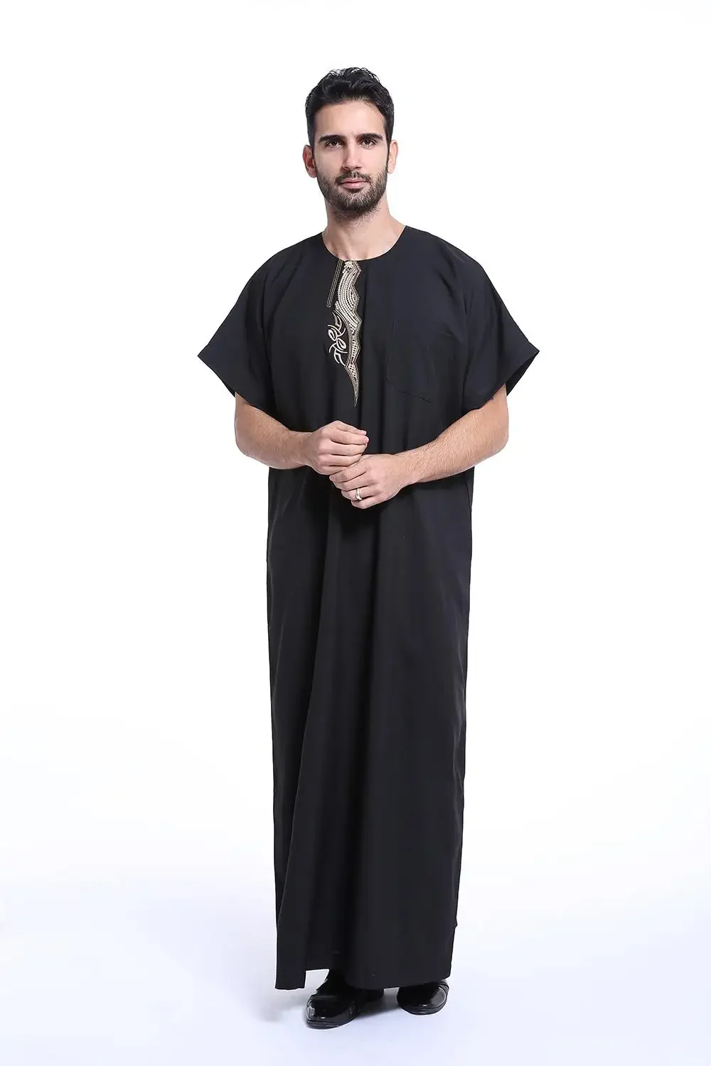 Исламский Саудовский Халат Кафтан Thawb Мужчины Мусульманский Мусульманский Круглый Вышивка Дубай Длинная Абая Рамадан Тобе Аравия Платье Кафтан С Короткими Рукавами Мусульманская Мода