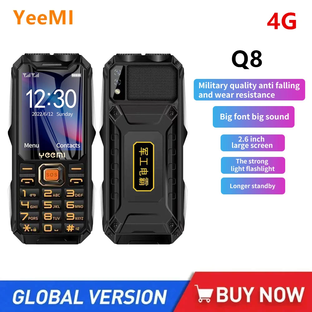 YeeMI Q8 защищенный Водонепроницаемый 4G Полнодиапазонный функциональный телефон 2,6 дюйма кнопка SOS большой Громкоговоритель Светодиодный светильник 16800 мАч аккумулятор сотовый телефон