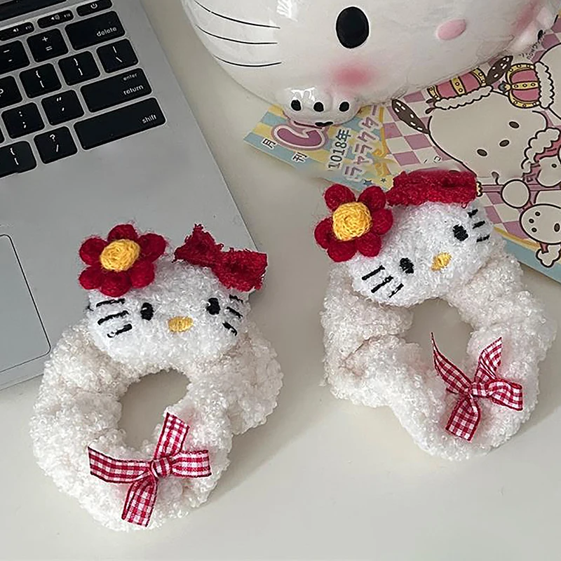 Фото Милый мультяшный плюшевый бант Hello Kitty кольцо для волос женская резинка для волос KT Cat пушистая веревка для волос женский аксессуар для волос подарок другу №3