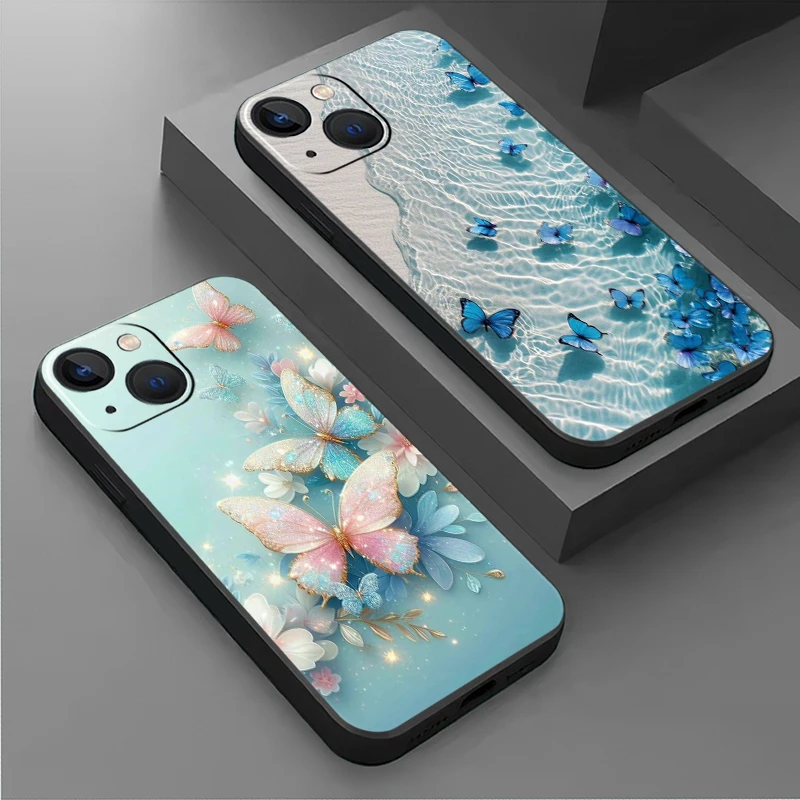 Чехол для Apple iPhone 15 14 11 13 12 Pro 7 X XR XS Max 6 8 Plus SE 2022 15 Plus Мягкий чехол для телефона с бабочкой синий