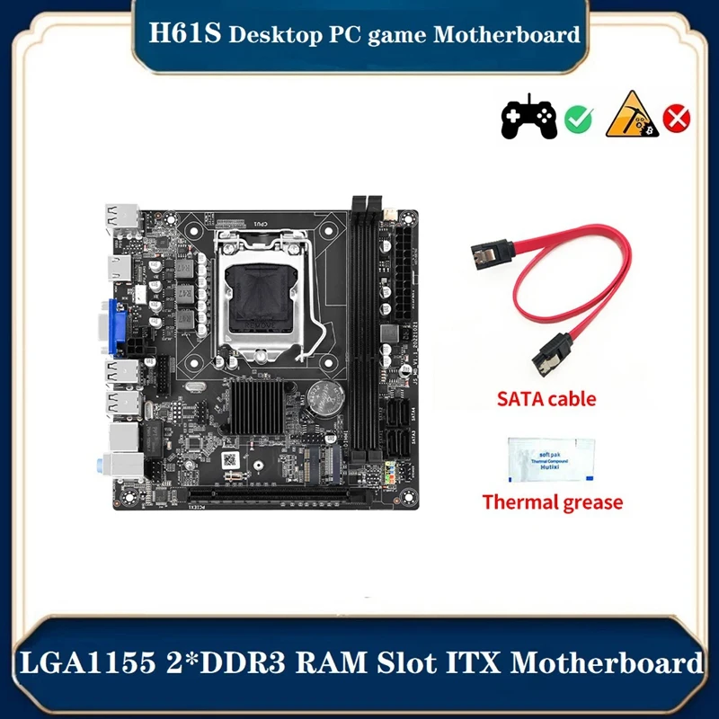 Материнская плата H61S (H61) + термальная смазка + кабель SATA LGA1155 2x DDR 3 слота ОЗУ Поддержка USB2.0 SATA2.0 + порт NVME M.2 + порт Wi-Fi
