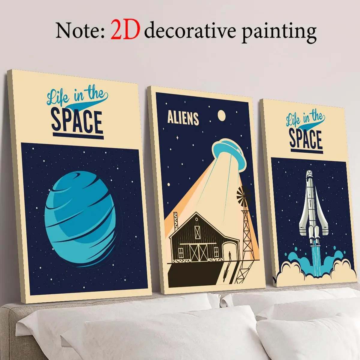 2D Flat, 3 шт. печать на холсте в деревянной раме, искусство иллюстрации космического пространства, космический корабль с планетами и рисунком ракеты, винтажный космический си
