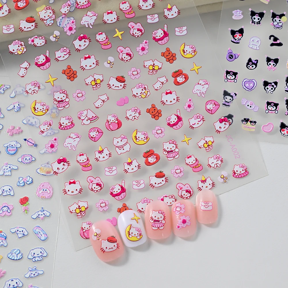 Фото 1 шт., наклейки для ногтей с рисунком Куроми «Hello Kitty», 5D Kawaii Melody Cinnamoroll, клейкие наклейки, сделай сам, бант, сердце, звезда, маникюрные слайдеры №3