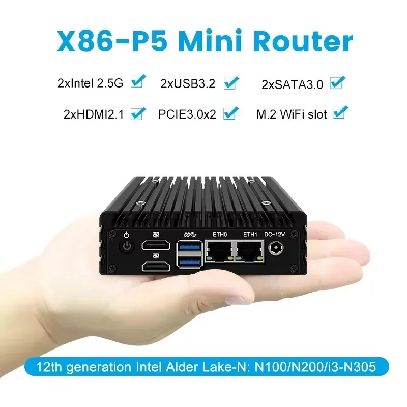 Фото CWWK 12-го поколения X86 P5 Super Mini Router Intel i3 N355 N150 DDR5 Firewall PC 2x i226-V 2.5G LAN Безвентиляторный мини-ПК Сервер Proxmox №3