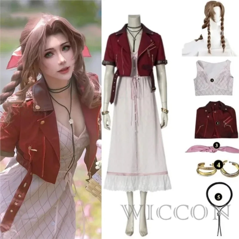Фото Игра FF7 для взрослых Aerith Gainsborough Косплей Remake Хэллоуин Наряд Необычные женские красные куртки Розовое платье по индивидуальному заказу;3.k'6;d.a; №2