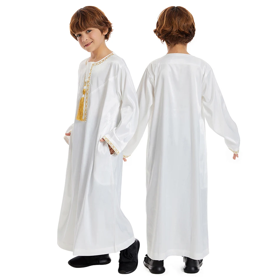Арабский мальчик с длинными рукавами, простой кафтан Thobe Thawb с карманом и кисточкой, декор, исламская мусульманская одежда для детей, наряд для вечеринки в Ид, Рамадан