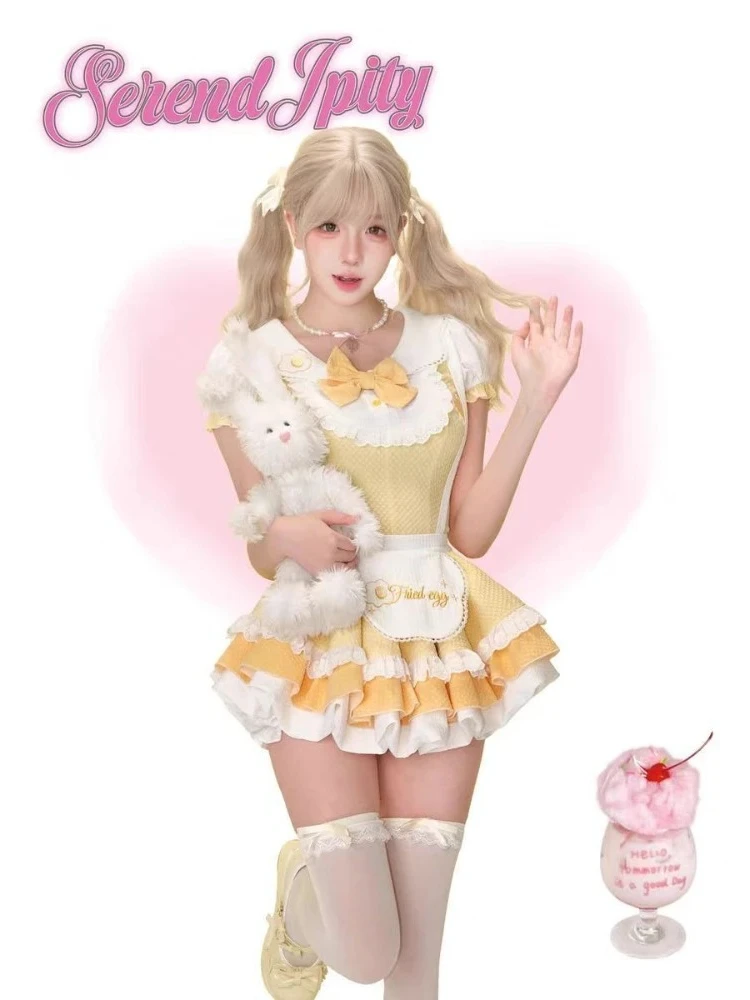 Летний японский Лолита Kawaii, новый комплект из двух предметов, милая принцесса, шикарный облегающий желтый лоскутный дизайн, женские комплекты, женская одежда