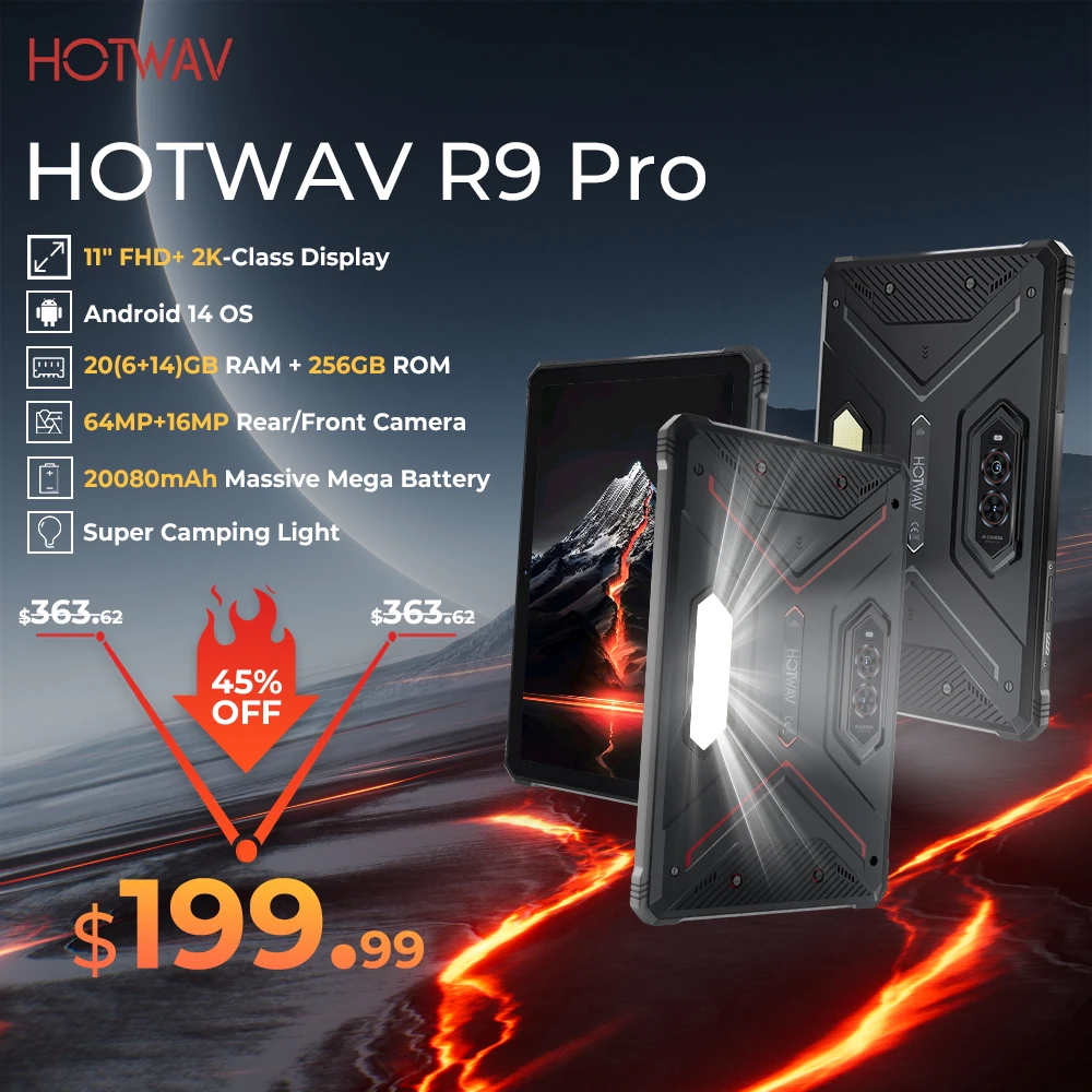 Прочный планшет HOTWAV R9 Pro, 11-дюймовый дисплей FHD + 2K, 20080 мАч, массивный аккумулятор, Android 14, 6 ГБ, 256 ГБ, камера, глобальный планшетный ПК 4G