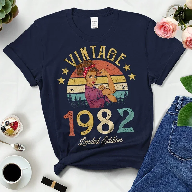Винтажная ретро 1982, ограниченная серия, летняя модная одежда, женские футболки, женская одежда для дня рождения 42–42 лет, футболка