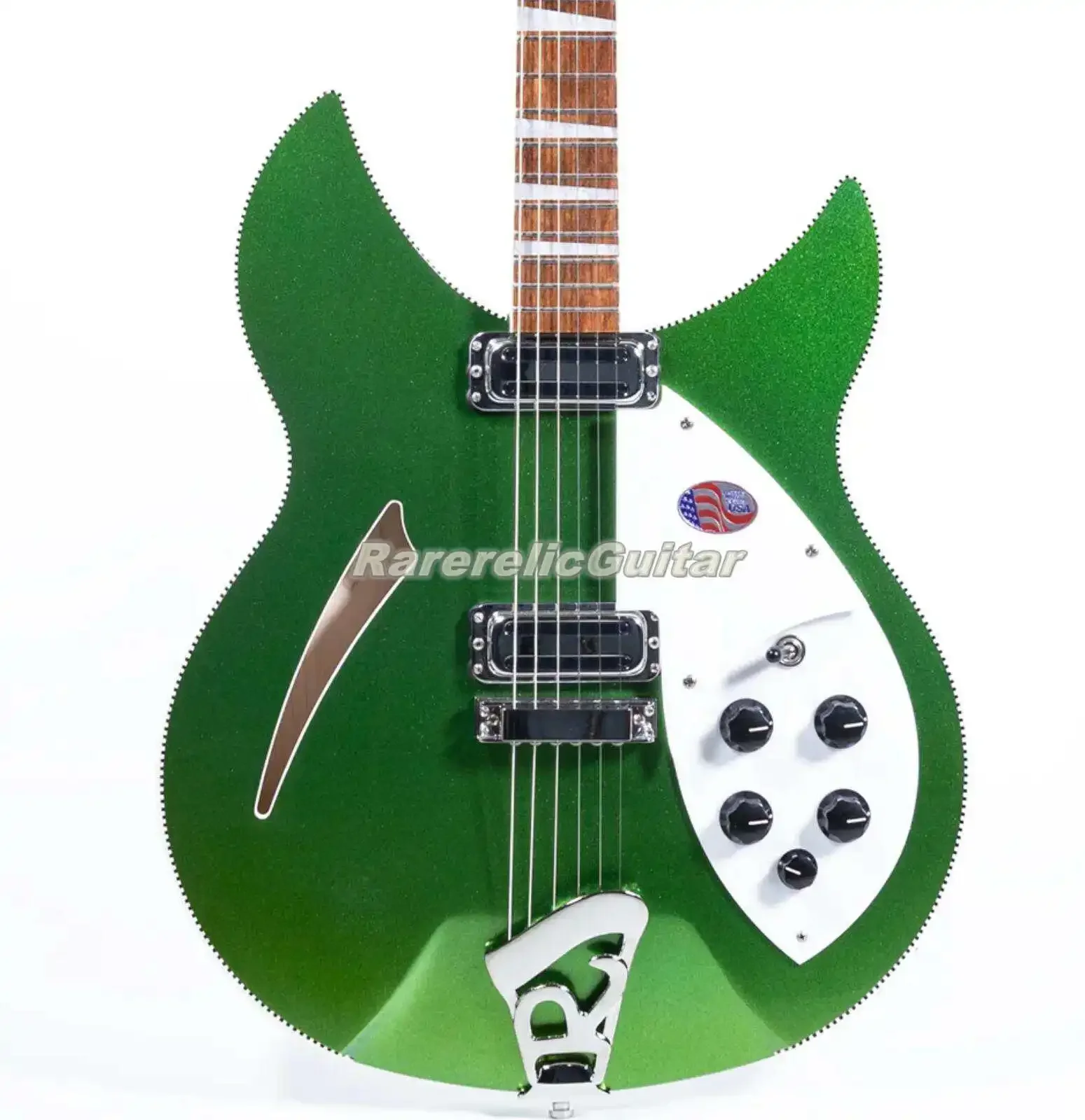 В наличииРедкая 330 360 6-струнная электрогитара Candy Apple Green с двойной переплетом, шаховая доска, связывание Cat Eye F Hole, винтажная футболка