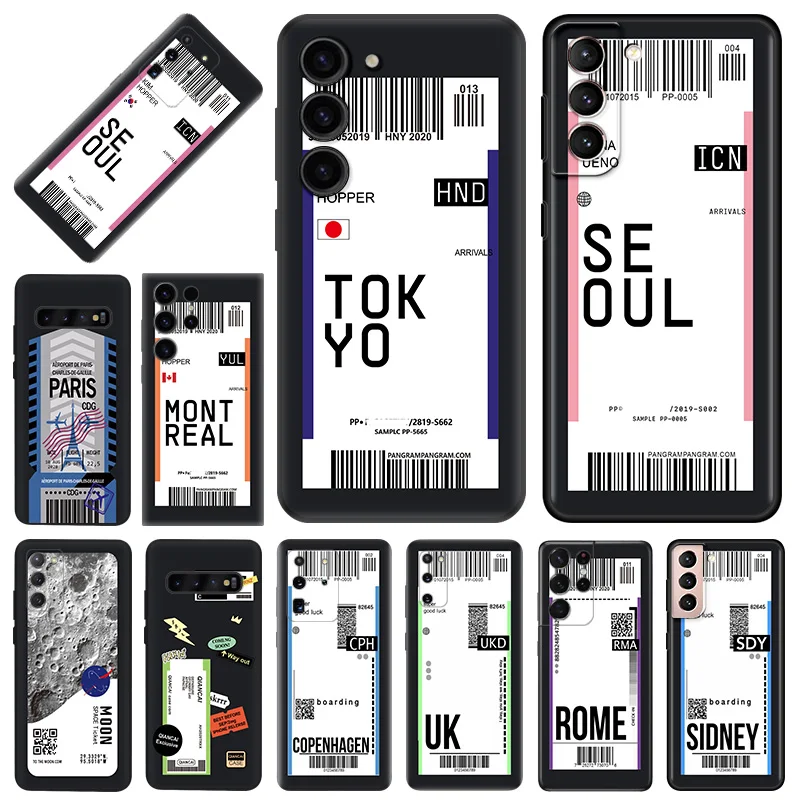 Мягкие чехлы для телефонов Samsung S24 Ultra S22 S21 S20 S10 Plus S23 FE, Монреаль, Сидни, билет для путешествий, этикетка Galaxy Note20, матовый чехол