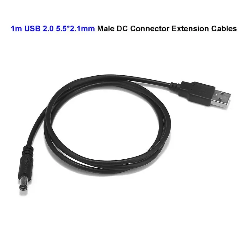 USB-кабель постоянного тока 5 В, 12 В, 5,5 мм, разъем 2,1 мм, штекер постоянного тока на USB, Удлинительный кабель 1 м для светодиодной ленты, контроллера, аккумулятора, внешнего аккумулятора
