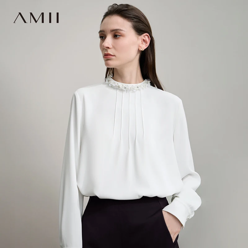 Минималистичная белая женская блузка AMII, осень 202, французская элегантная свободная шифоновая блузка с воротником-стойкой, офисные женские рубашки 12523053