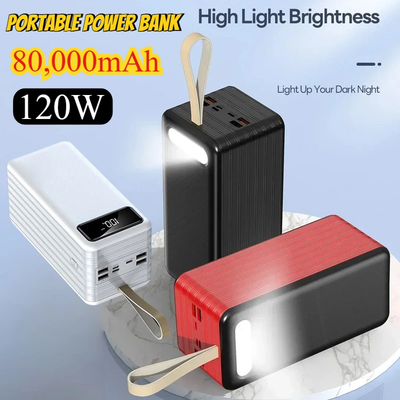 80000 мАч Power Bank 120 Вт Портативное зарядное устройство с быстрой зарядкой Внешняя запасная батарея для IPhone Huawei Xiaomi Powerbank сотового телефона
