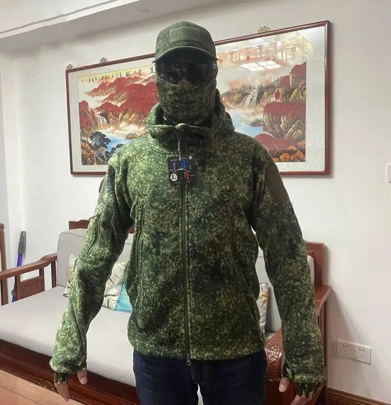 Фото Камуфляжная тактическая флисовая военная ветровка США, зимняя толстая мягкая куртка с капюшоном, термоподкладка, уличная теплая куртка для пешего туризма №5